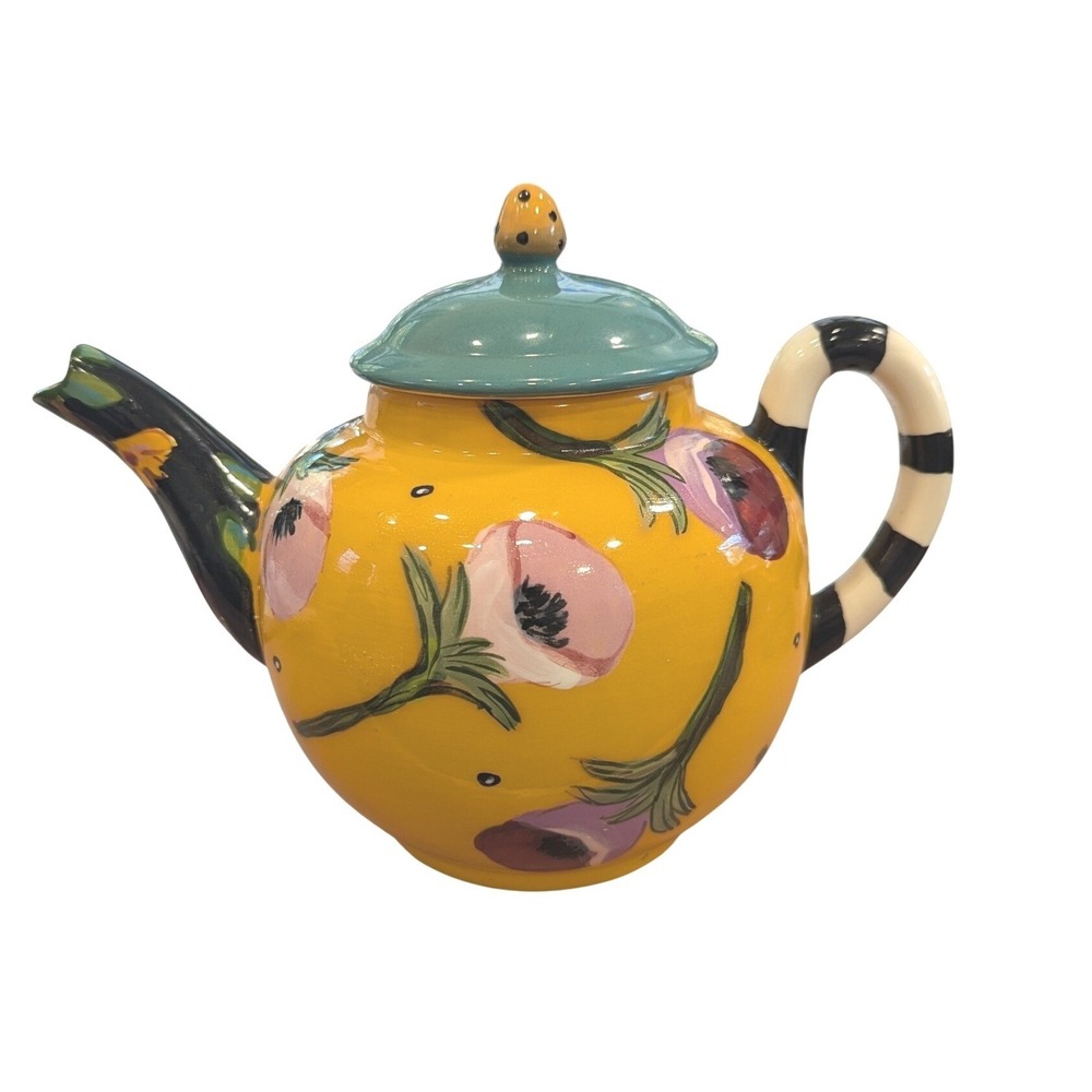 Droll Designs Hand Painted Floral Ceramic Teapot Yellow Striped Handle Whimsical